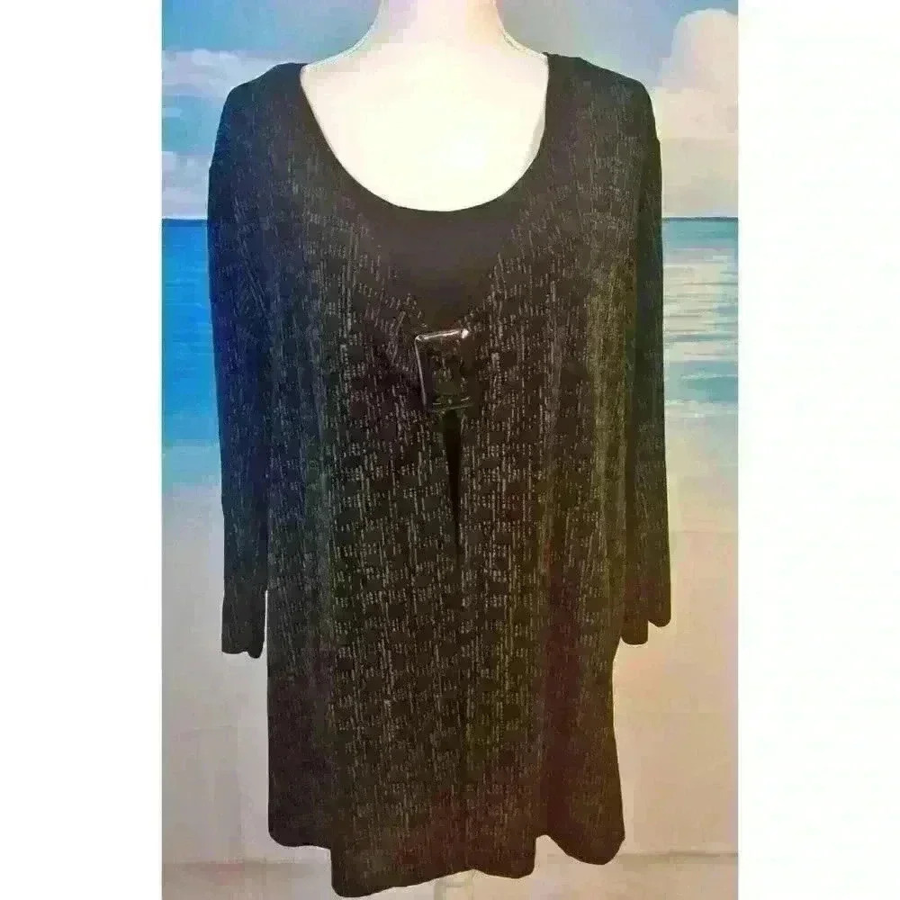 MAGGIE BURNES Womans TUNIC Top BLACK Faux 2 pc 3/4 Sleeve shirt STRETCH size 2x